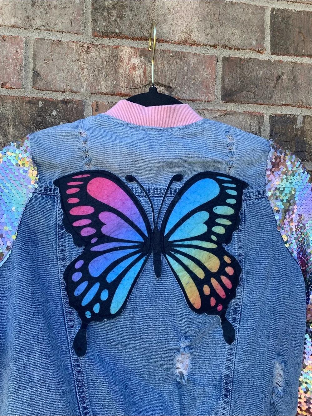 Take 50% OFF- Sequin-Sleeve Denim Bomber Jacket with Butterfly Accents, Sz-3XL